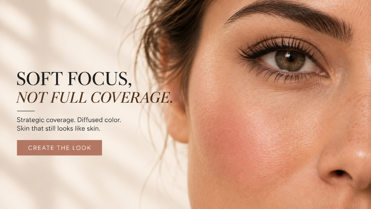 Model wearing natural blurred makeup with a soft-focus mineral complexion