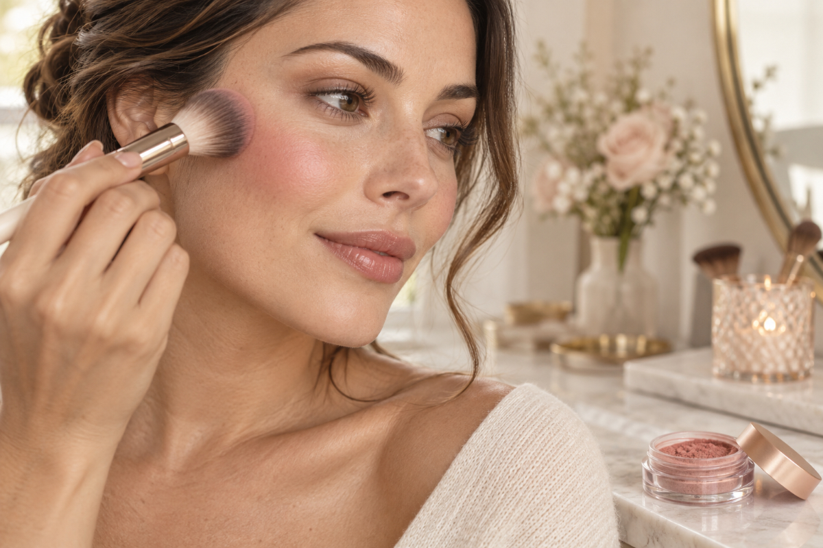 Blending rosy mineral blush toward the temple for a diffused finish