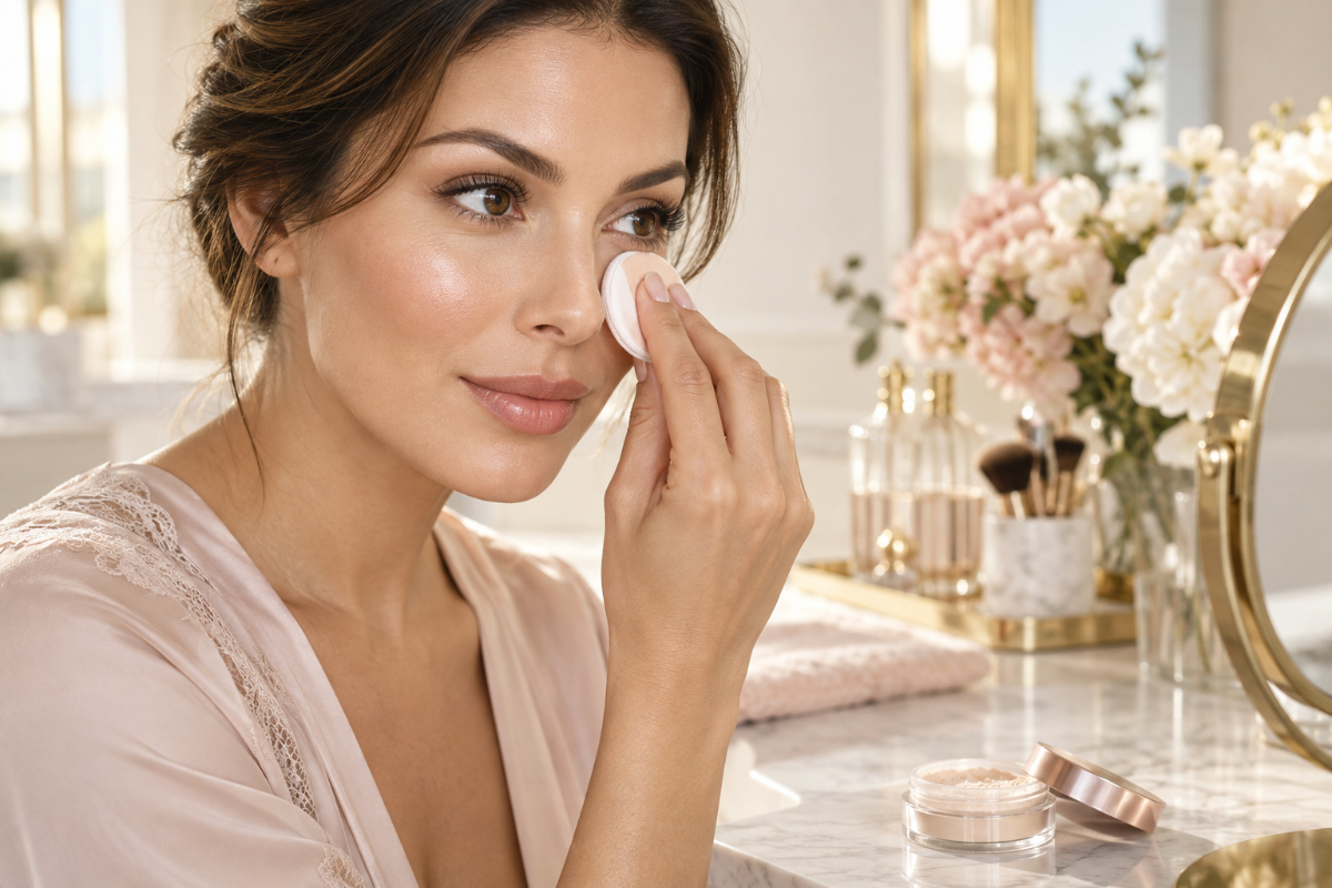 Applying finishing powder around the nose while keeping the cheeks luminous